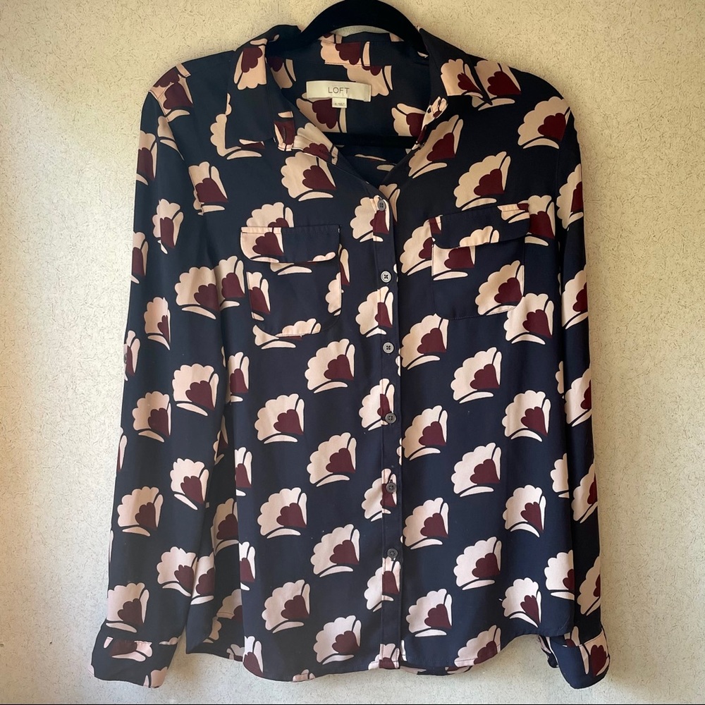 LOFT Navy and Floral Blouse